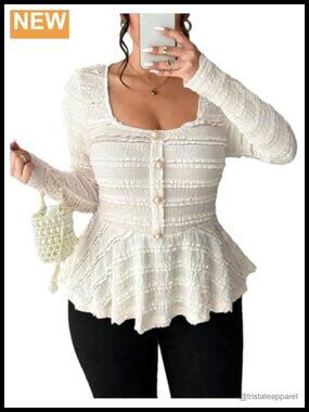 Plus Size Peplum Top Square Neck Long Sleeve Ruffle Hem Pearl Button Blouse